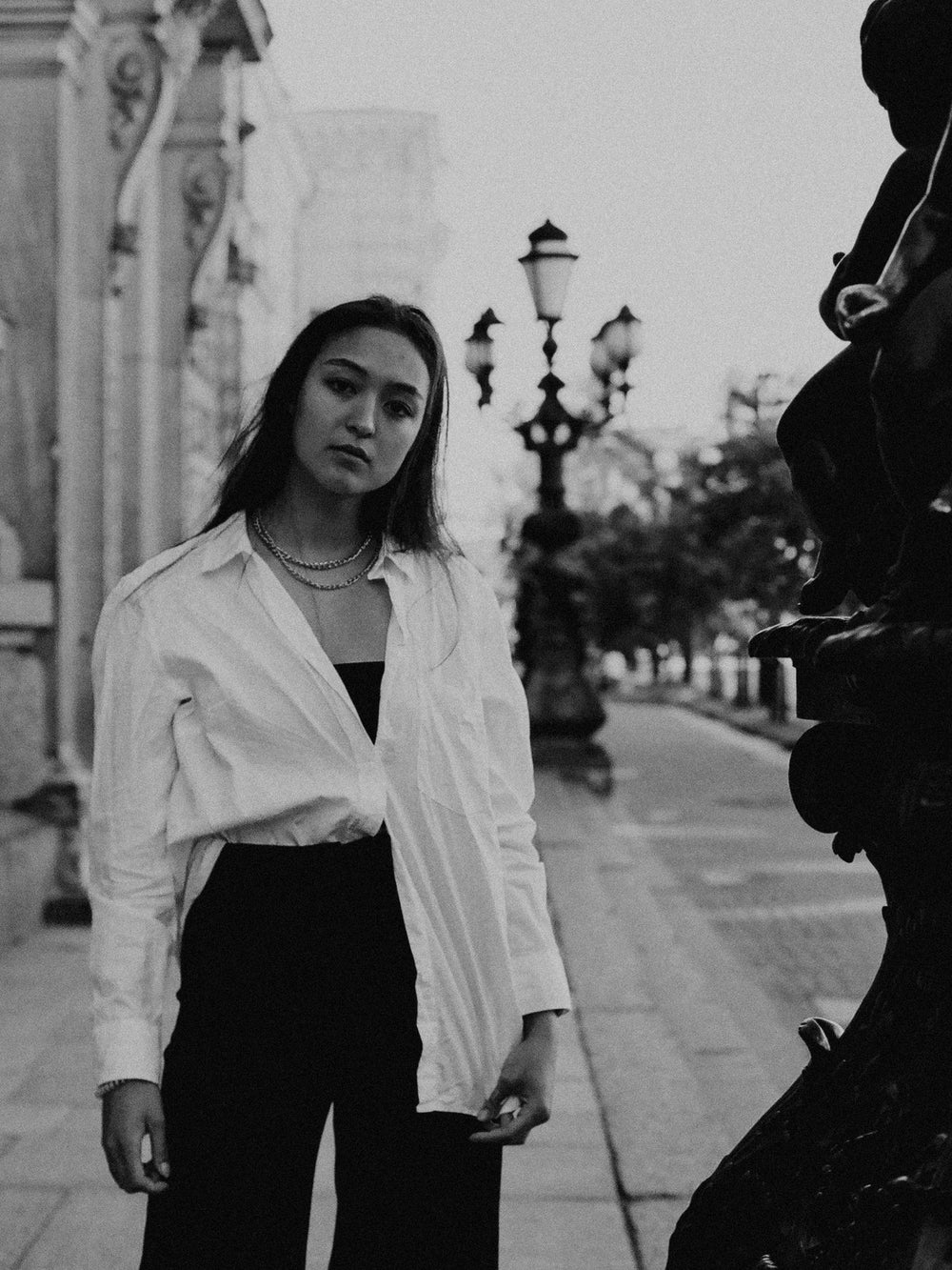 street portrait edited with Ilford Delta 400 film emulation preset — classic grain and tonal depth