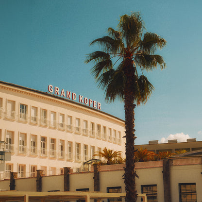 Building with 'Grand Koper' sign and palm tree against a blue sky - Kodak Ektachrome 64 film emulation preset by PresetVault